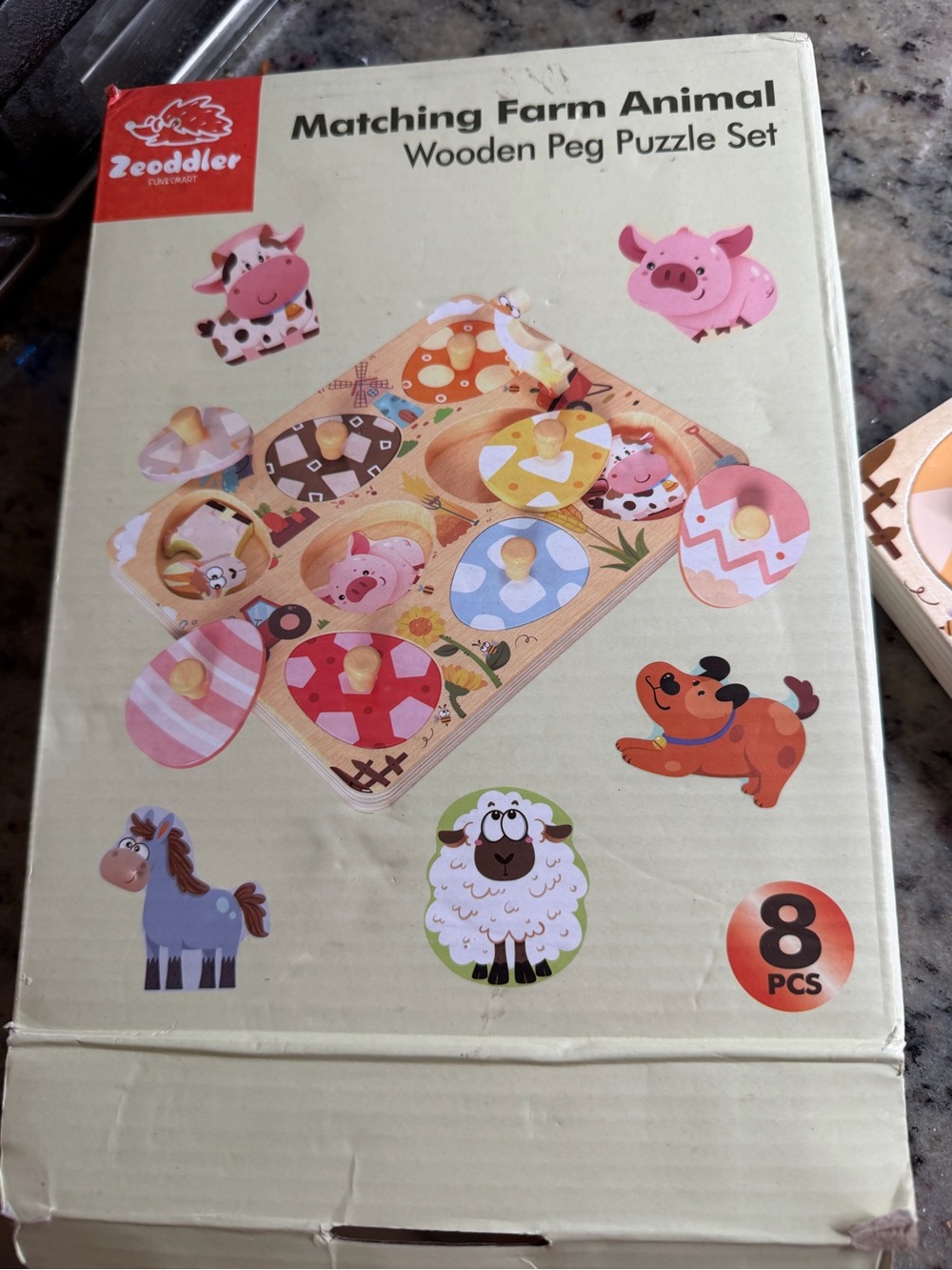 Zooodleer Matching Farm Animal Wooden Peg Puzzle Set - Pink & Multicolor
